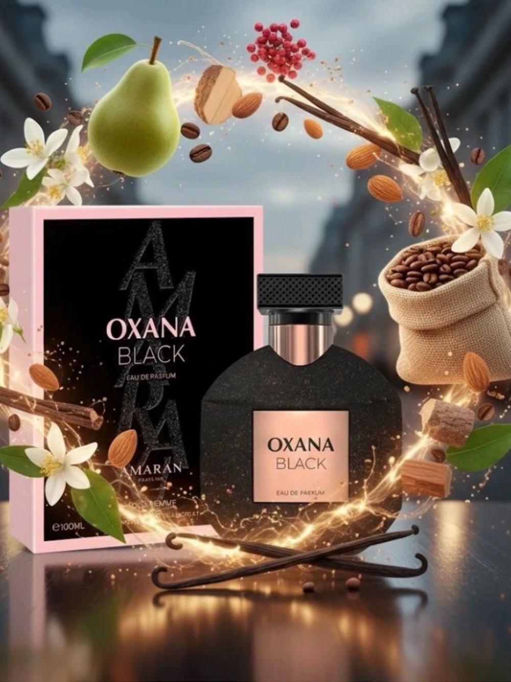 Amaran-Oxana Black Eau de Parfum - Black & Rose Gold Bottle